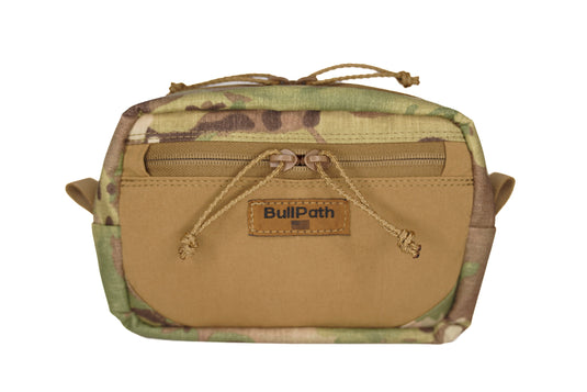 Camouflage and brown tactical pouch with BullPath logo on a white background