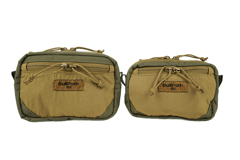 Load image into Gallery viewer, Two BullPath BullPak X pouches in olive drab and tan, displayed side-by-side against a plain white background.

