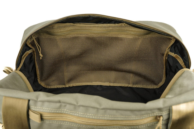 Load image into Gallery viewer, Open BullPath Duffel with black interior and large coyote mesh zipper pocket on a white background
