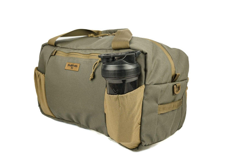 Load image into Gallery viewer, BullPath Duffel with a black gym shaker cup on a white background
