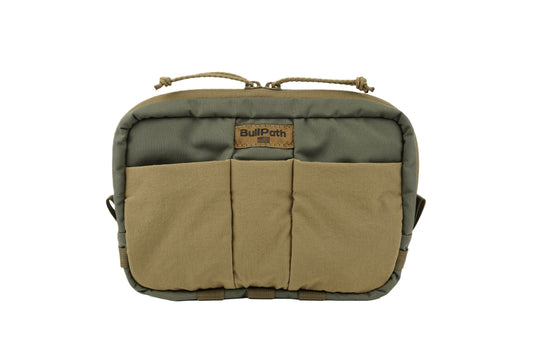 BullPath Moose chest rig, ranger green and tan, front pockets and MOLLE webbing, for mobile hunting.