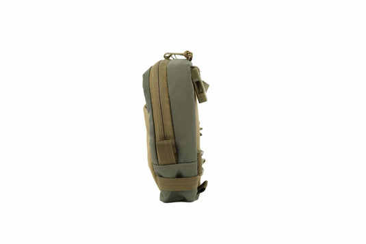 BullPath Moose chest rig, ranger green and tan, side view showing zippered pocket and low-profile design, for mobile hunting.
