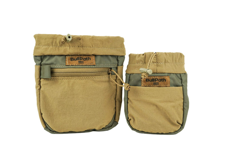 Load image into Gallery viewer, BullPath Gear S.A.M. X size comparison showing two tan and green mobile hunting dump pouches for saddle hunters, lightweight USA-made storage bags for gear organization on the saddle.
