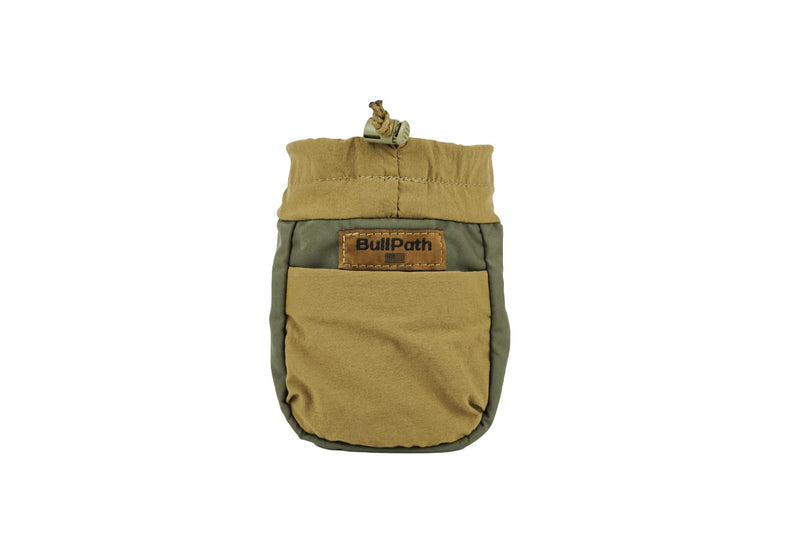 Load image into Gallery viewer, BullPath S.A.M. X small saddle hunting dump pouch in coyote tan and green, compact mobile hunting gear bag with cordlock closure.
