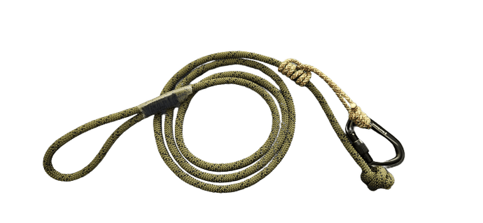 Camo green hunting saddle tree tether coiled up